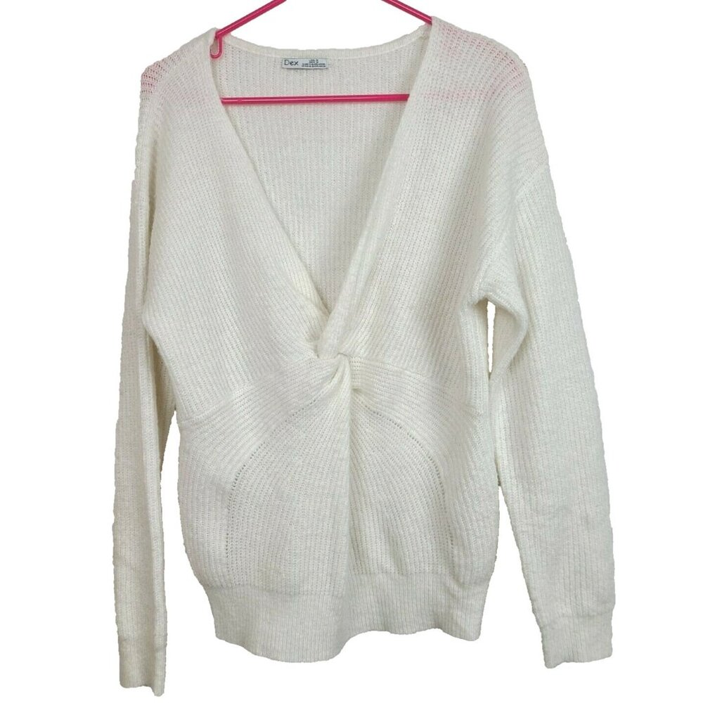 Dex Womens‎ Sweater Size Medium Ivory Twist Front V-Neck Long Sleeve Pullover